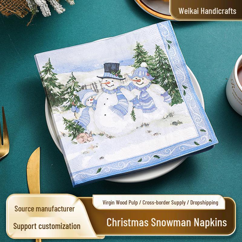 Light Blue Snowman Print Christmas Paper Napkins - Festive Atmosphere, Virgin Wood Pulp, Square Design