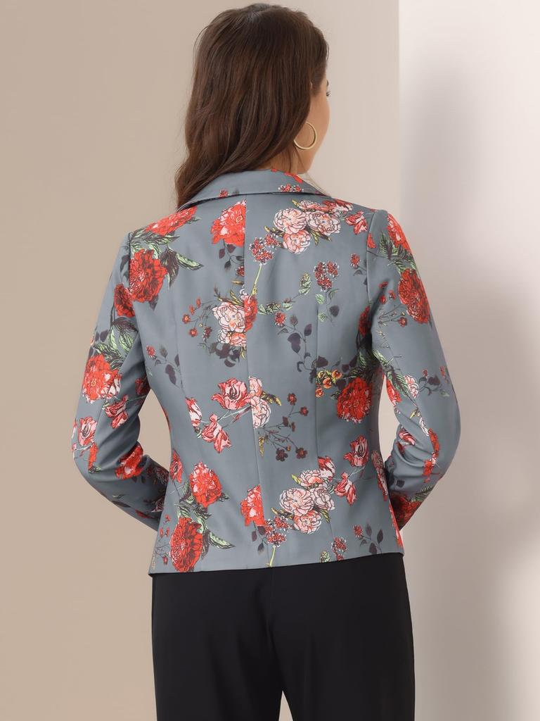Allegra K Women's Gray Floral Blazer Jacket, Long Sleeve, Print, Notch Lapel, Open Front, Short Length, Size S
