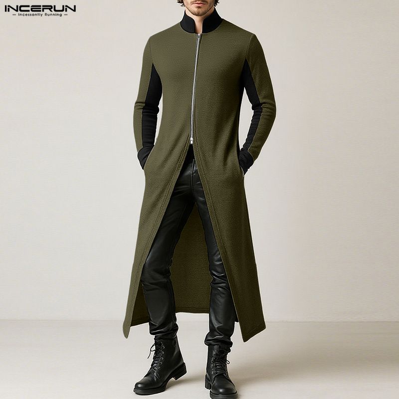 INCERUN Men Stitching Stand Neck Long Sleeve Zip-up High Splits Long Cardigan Coats