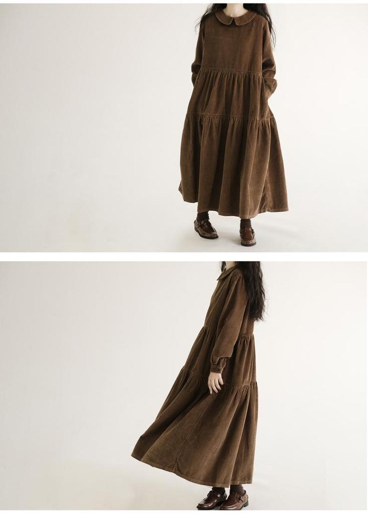 Japanese Style Corduroy Doll Collar Autumn A-Line Long-Sleeve Dress