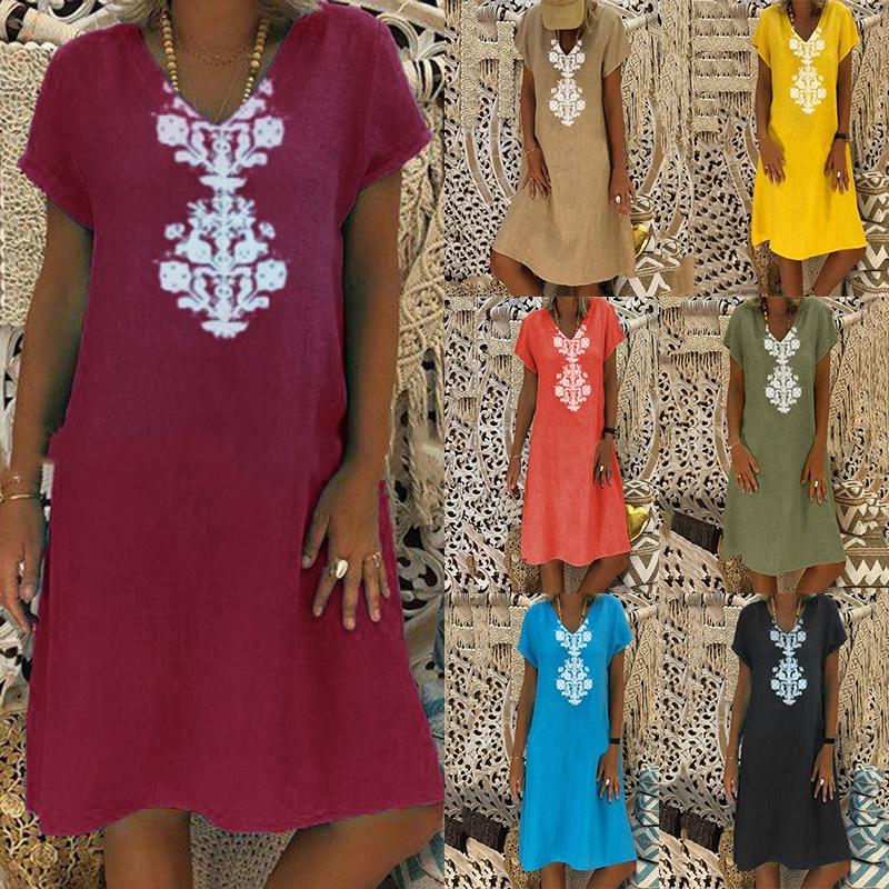 Versatile Women's Baggy Loose Short Sleeve V-neck Linen Kaftan Madi Dress Perfect For Daily Wear And Beach Outings