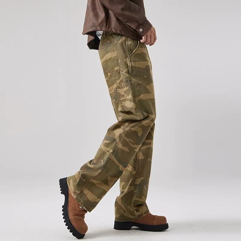 Men Camo Print Cargo Pants Loose Straight Leg Workwear Trousers