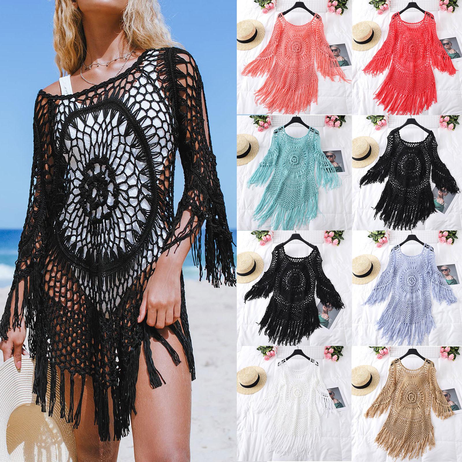 

Женский прикрытый белый вязанный крючком купальник с кисточками и рукавами три четверти