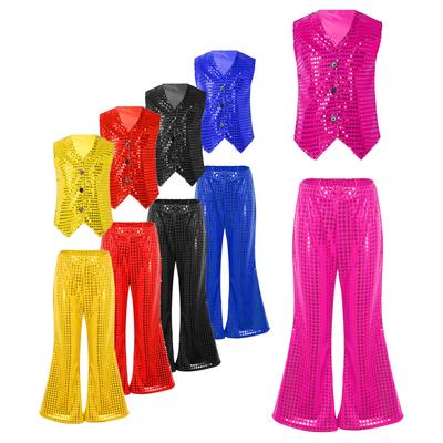 Kids Boys Girls Jazz Latin Chacha Dance Disco Stage Performance Outfit Teens Dance Set Sequined Vest Waistcoat with Flared Pants