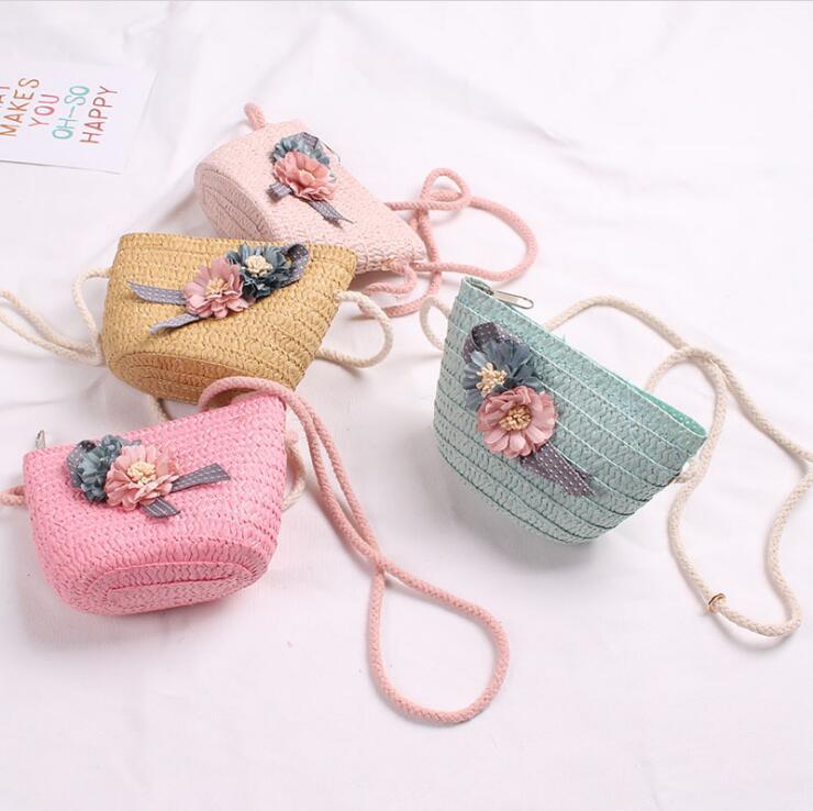 Cute Bowknot Flower Kids Straw Hat + Straw Crossbody Bag Set Baby Outdoor Sun Hat Summer Beach Straw Cap Straw Rattan Bag