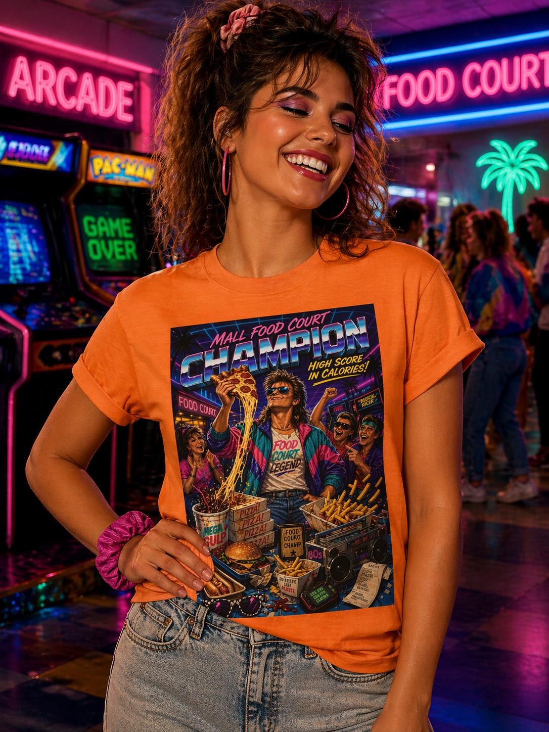 Mall Food Court Champion T-Shirt 80s Retro Arcade Graphic Tee Funny Food 4XL