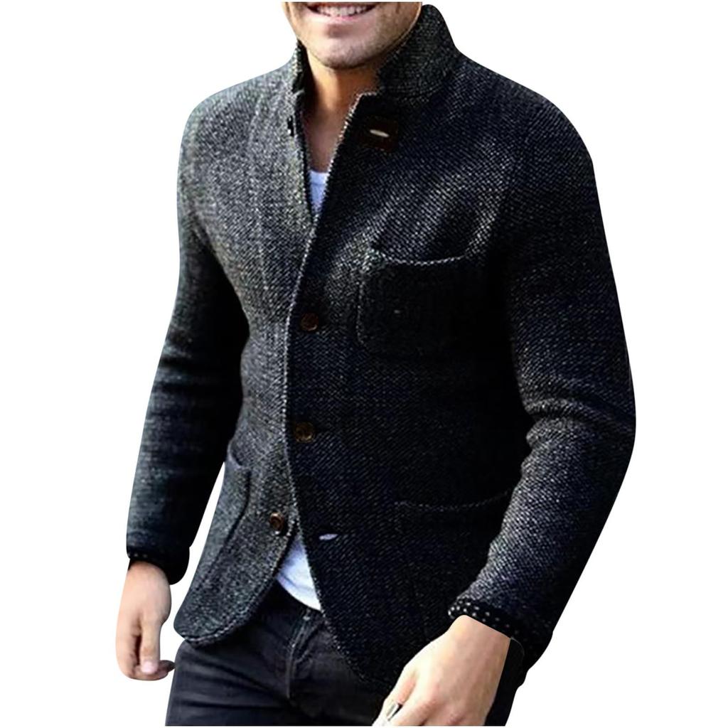Men's Casual And Trendy British-style Solid-color Warm Cardigan Sweater, Men's Long-sleeved Button-up Stand-up Collar Sweater