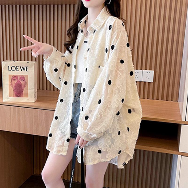 Women's Polka Dot Lapel Mesh Mesh Loose Single Breasted Long Sleeve Shirt