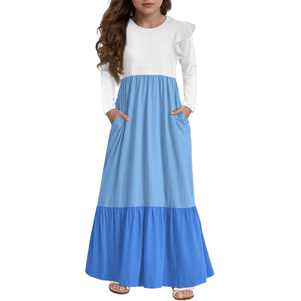 Girls' Tiered Ruffle Dress - Long Sleeve Printed Maxi With Pockets