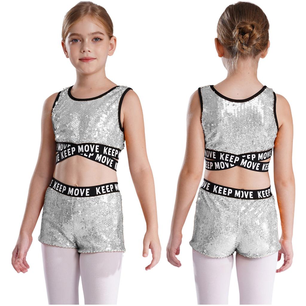 Kids Girls Sparkling Sequins Dance Clothes Set Sleeveless Criss Cross Straps Crop Top with Shorts