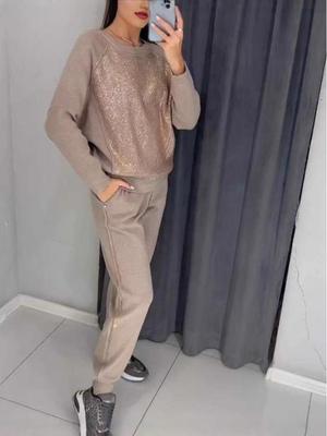 2024 European & American Hot Style Casual Solid Color Drill Long Sleeve Round Neck Sports Suit for Women