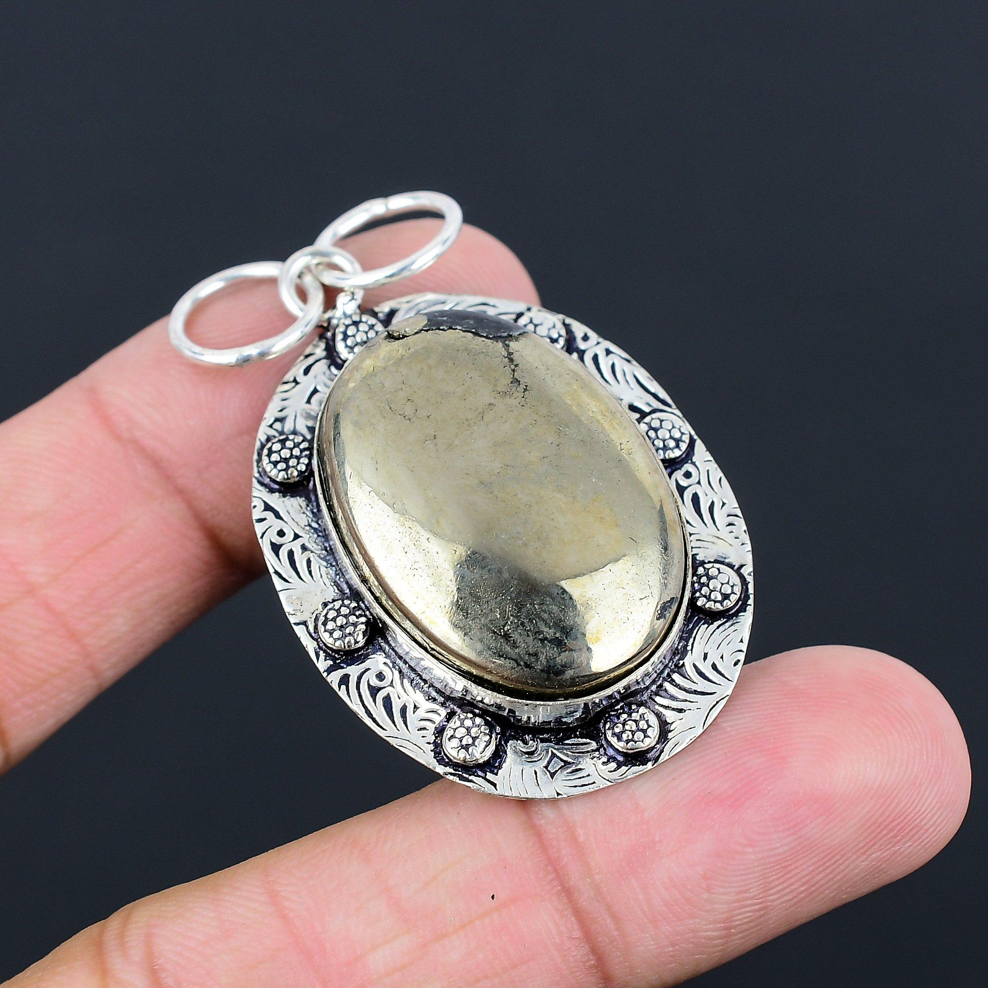 Oval Solar Chakra Pyrite Gemstone Boho Engagement Ethnic Pendant Sterling Silver