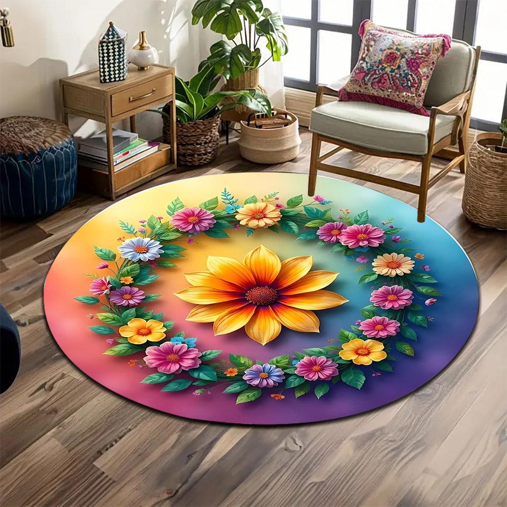 Colorful Floral Wreath Design Print round rug, living room, bedroom, playroom carpet, non slip floor mat, gift