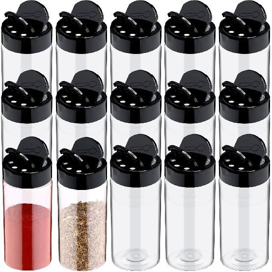 Mimorou 40 Pack Plastic Spice Jar with Shaker Lids Seasoning Containers 3.5 oz Plastic Spice Container with Black Lids Seasoning Jars for Kitchen