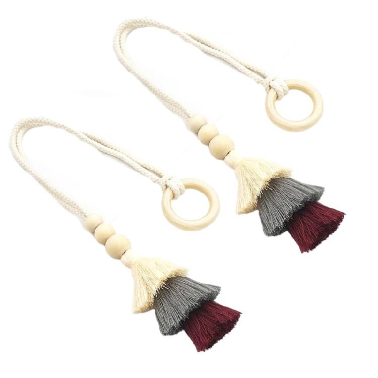 2 Pack Cotton Rope Curtain Holdbacks Ties Decorative Drapery Clip With Fringe and Wooden Beads for Living Room Decors