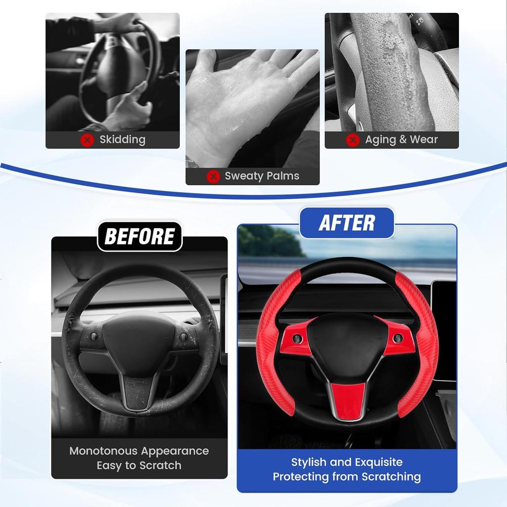 Steering Wheel Cover For Telsa Model 3/Model Y Accessories Carbon Fiber Steering Wheel Cover Protector Anti-Slip, Comfortable Grip, Breathable, Model