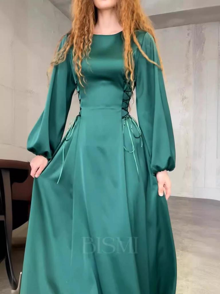 2024 Spring European & American Lace-Up Waist Puff Sleeve Long Dress