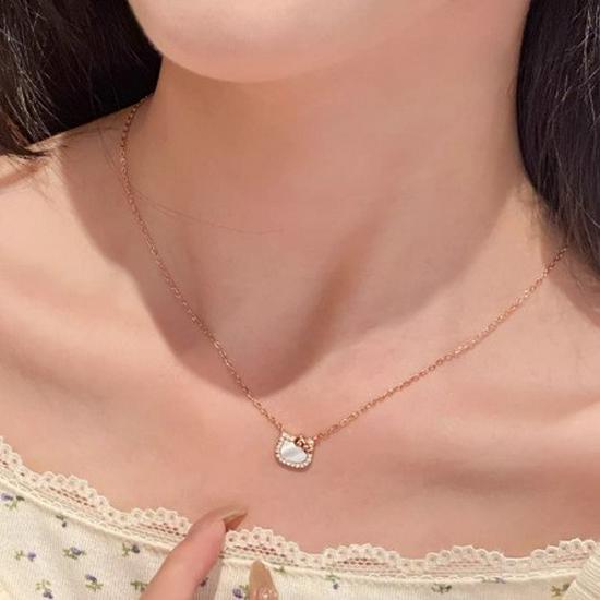 Seeking Light S925 Sterling Silver Cat Pendant Necklace with Sparkly Bow and Diamonds