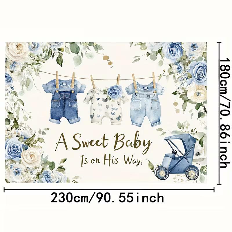 2D Boy Baby Shower Backdrop, Denim Outfits & Blue Roses Background for Photoshoot