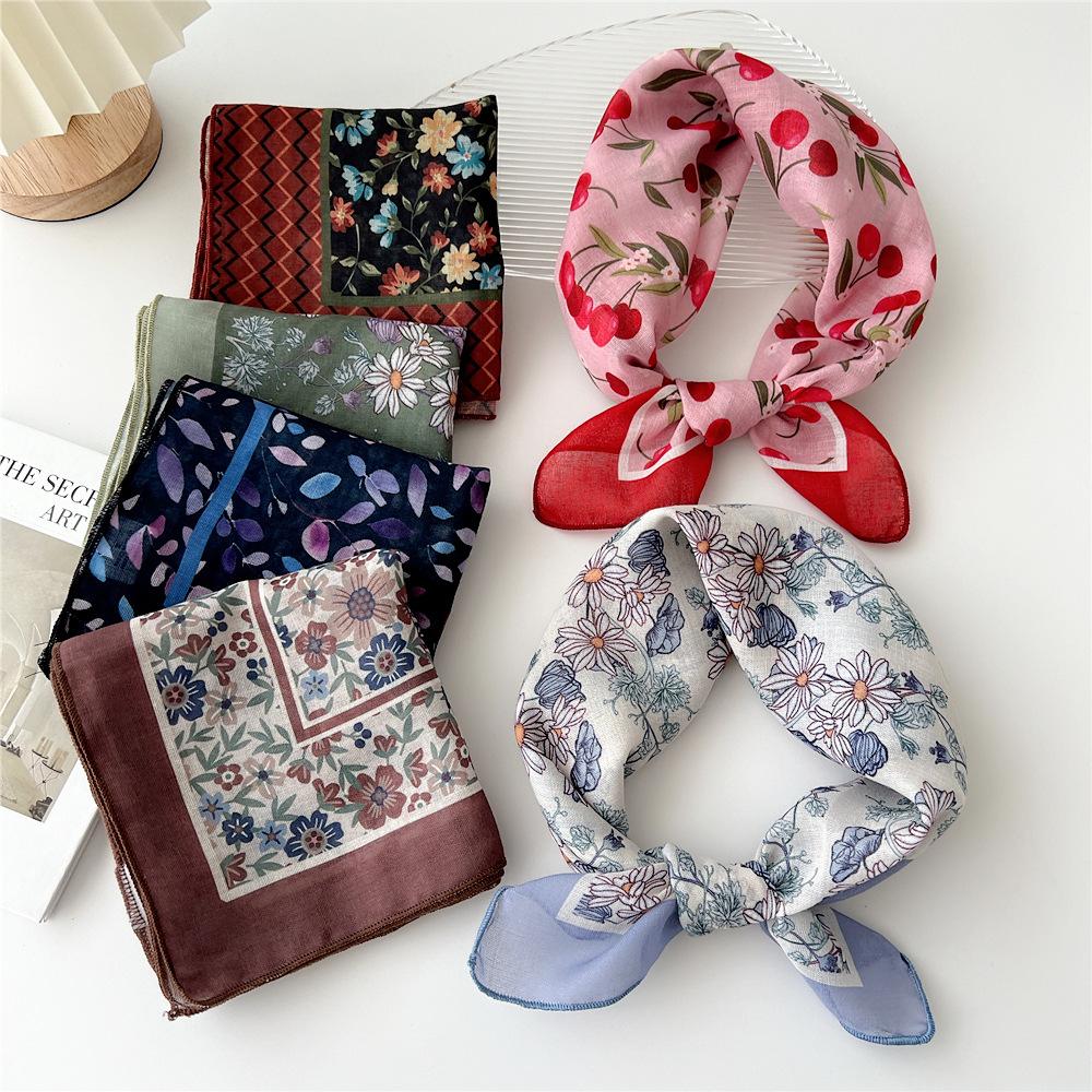 55cm Girls Cotton Linen Spring Square Scarf for Women Chic Headband Fashion Decorative Hairband Floral Neck Scarf