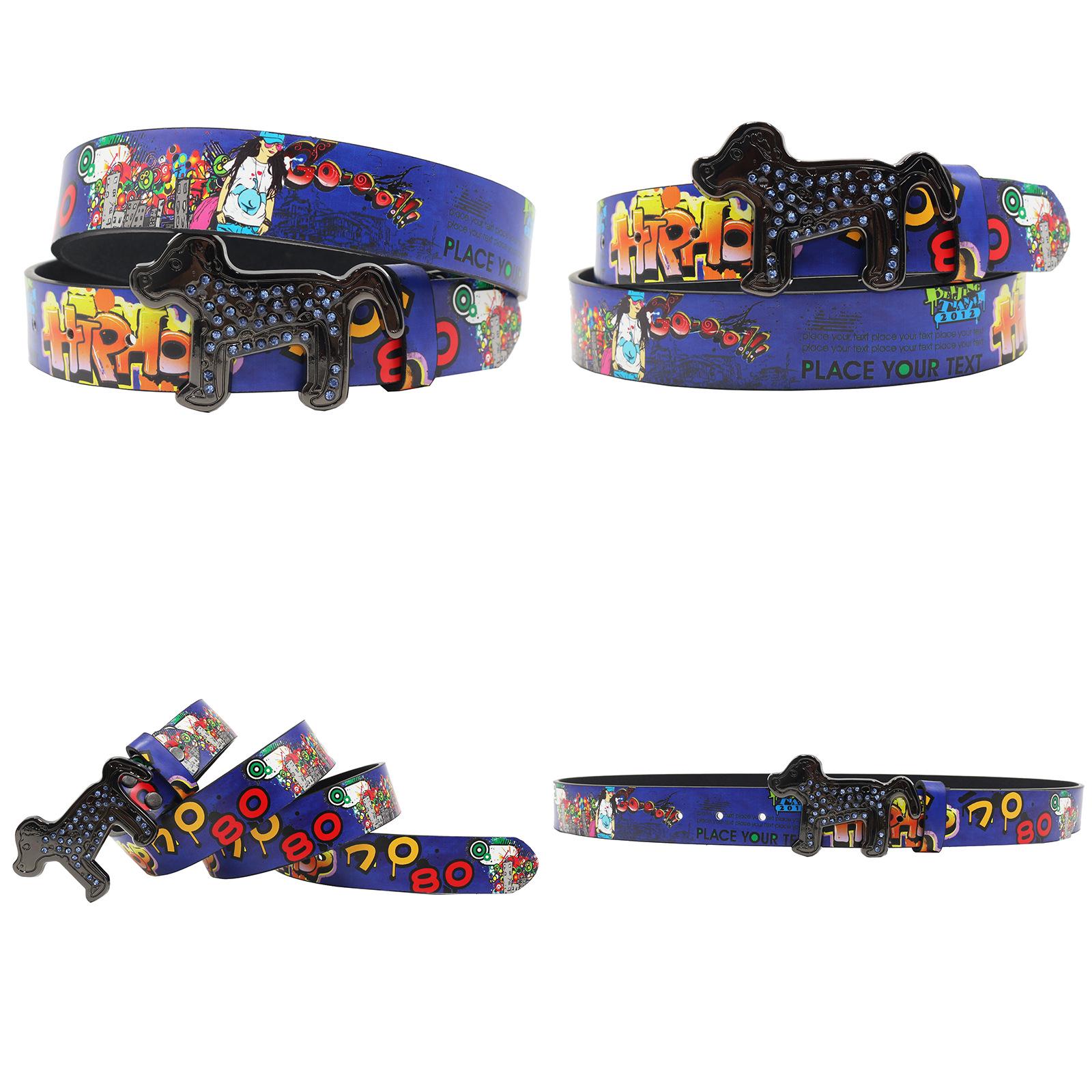 Y2K Graffiti Rhinestone Buckle Leather Dog Belt - European American Style 115cm синий