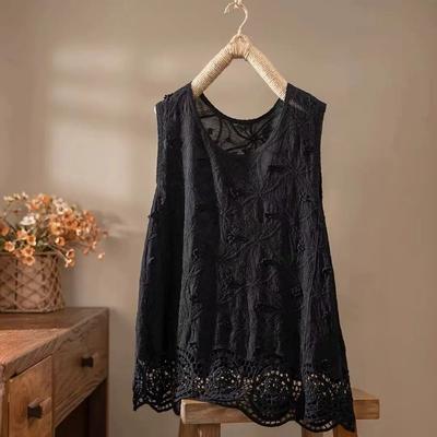 Women Lace Crochet Sleeveless Top Round Neck Casual Loose Fit Tank Top with Scalloped Hem