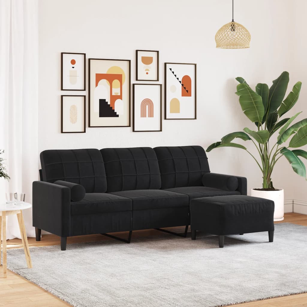 3 Seater Sofa with Ottoman Black 180 cm Velvet