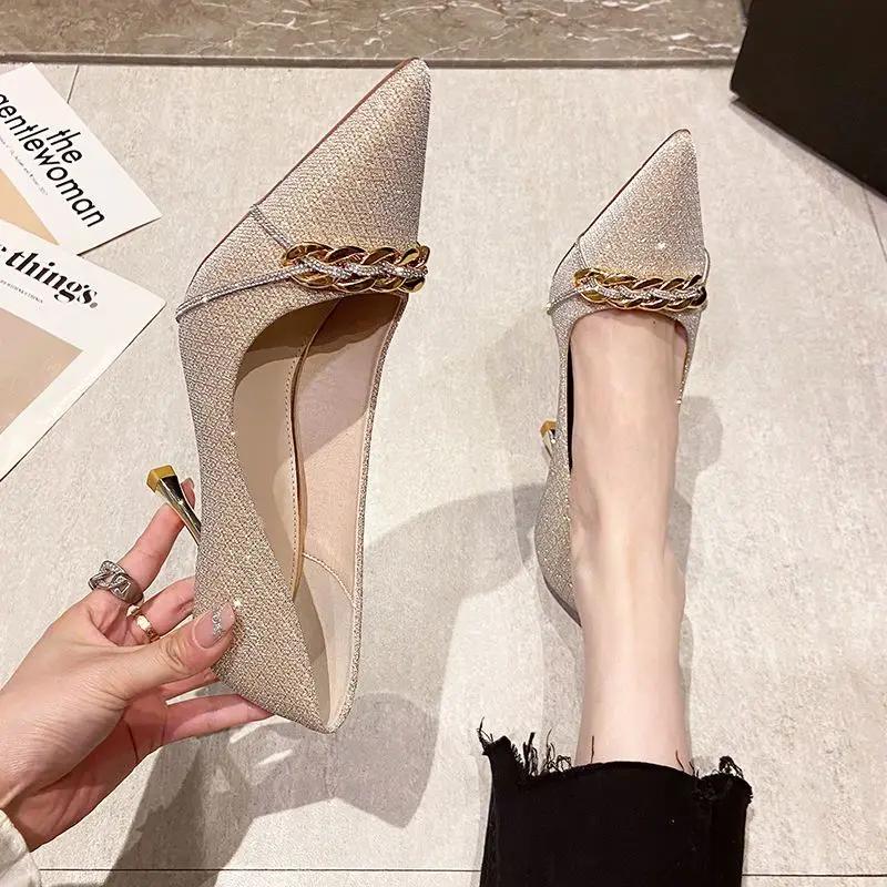 Formal Luxury Leather Casual Pointed Toe Shoes For Women 2025 On Heeled Pumps Black Ladies Summer Footwear High Heels Vacation A