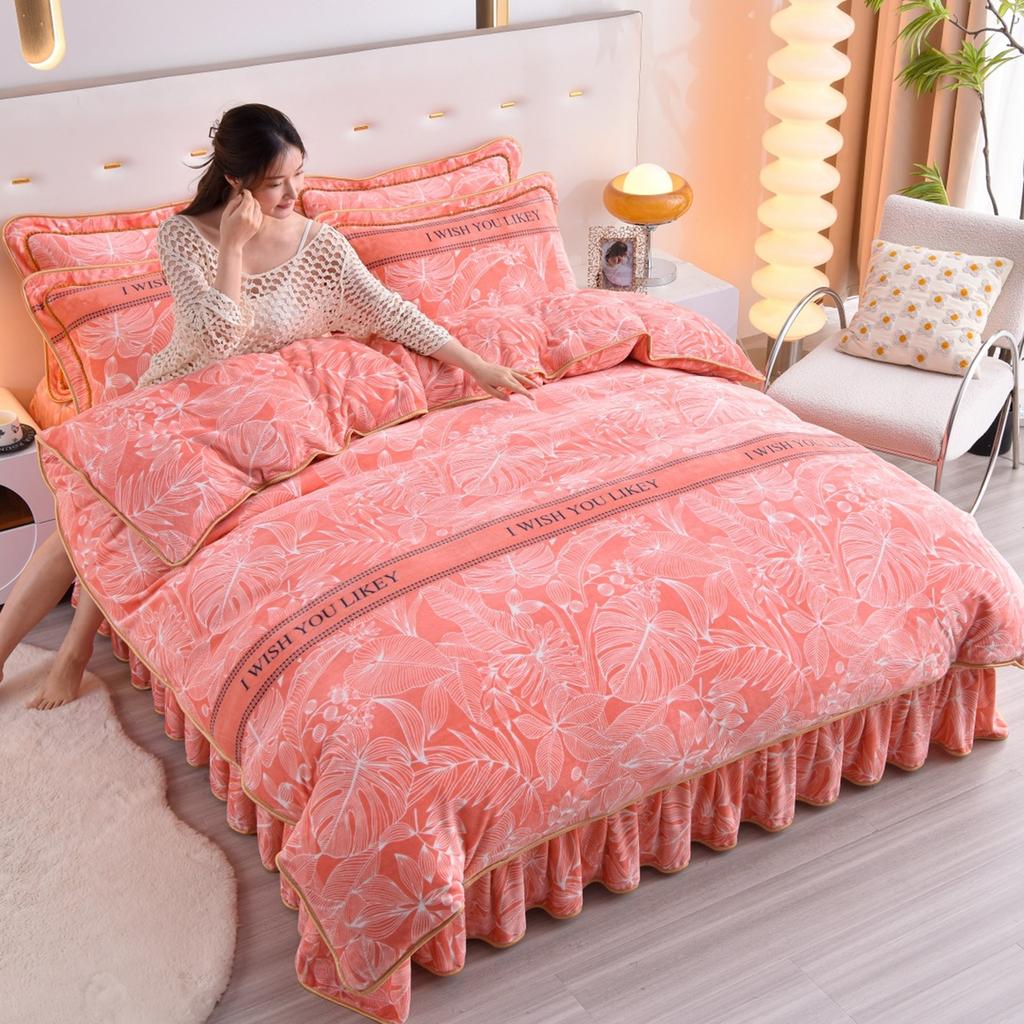 Thickened Milk Fleece Four-Piece Warm Double-Sided Coral Fleece Quilt Cover Flannel Sheet Bed Skirt Bedding