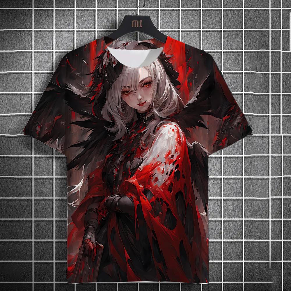 Summer New Men's Casual Short Sleeve T-Shirt Halloween Vampire Anime Girl Comfortable Breathable Retro Printed Short Sleeve