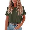 Ladies Summer Color Short Sleeve Ruffle Round Neck T-Shirt