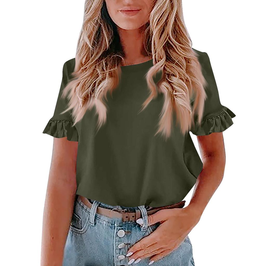 Ladies Summer Color Short Sleeve Ruffle Round Neck T-Shirt