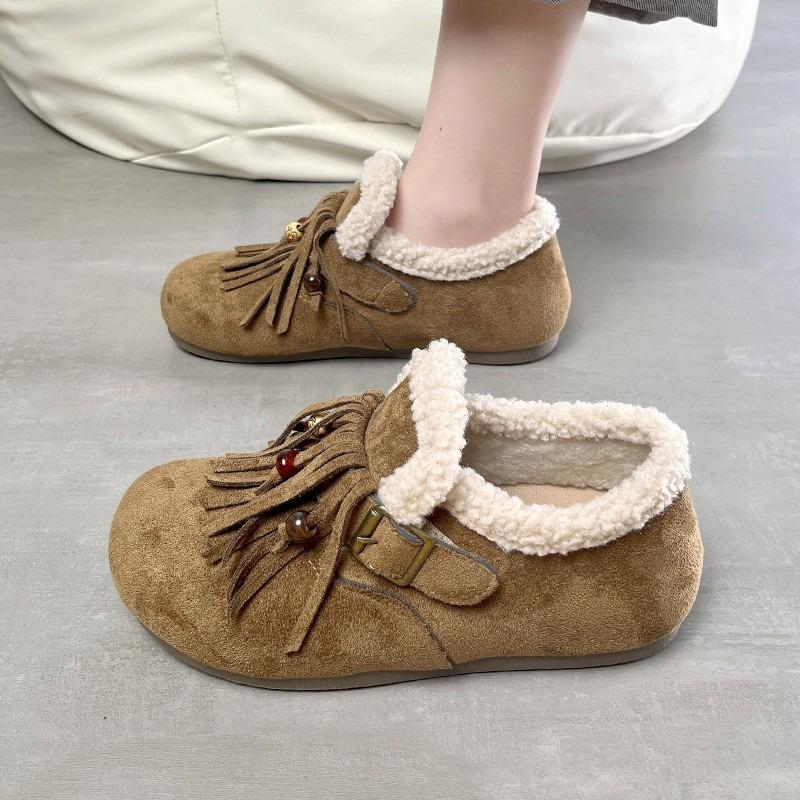 Flat Bottom Retro Fringed Women's New Winter Plush Warm Fluffy Shoes Soft Sole Comfortable Cotton Shoes