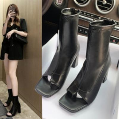 Fashion High Heels Ankle Boots Women Spring Autumn Shoes Woman Square Toe Soft Leather Boot Black Flip-flops Thick Heel Slides Zapatos