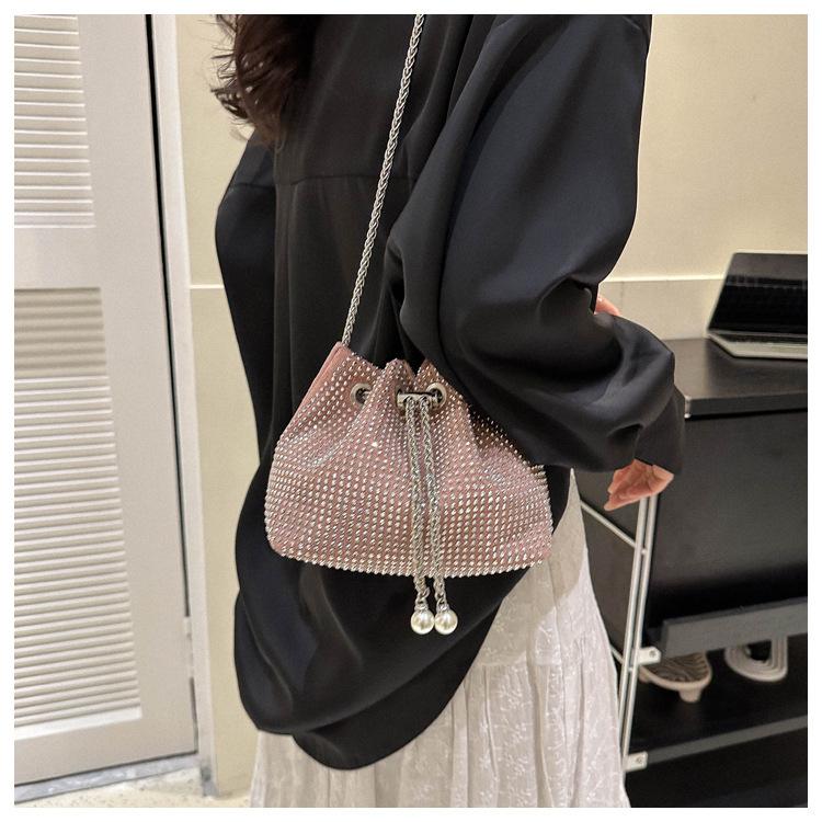 Rhinestone Embellished Drawstring Bucket Bag Women Chain Crossbody Shoulder Bag
