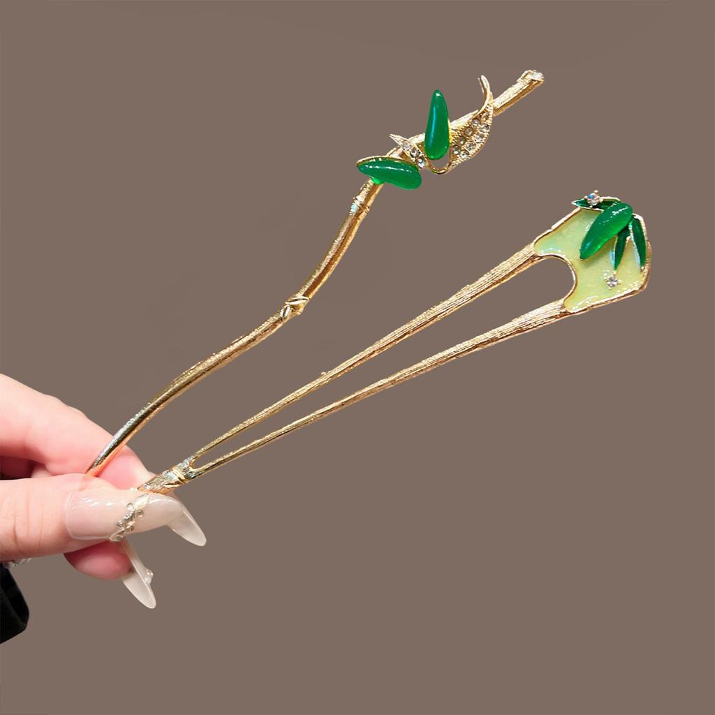 Chinese Hanfu Hairpin Green Leaf Hair Sticks Zinc Alloy Bamboo Hair Stick For Women 17cm Rhinestone Hair Accessories 1/2pcs