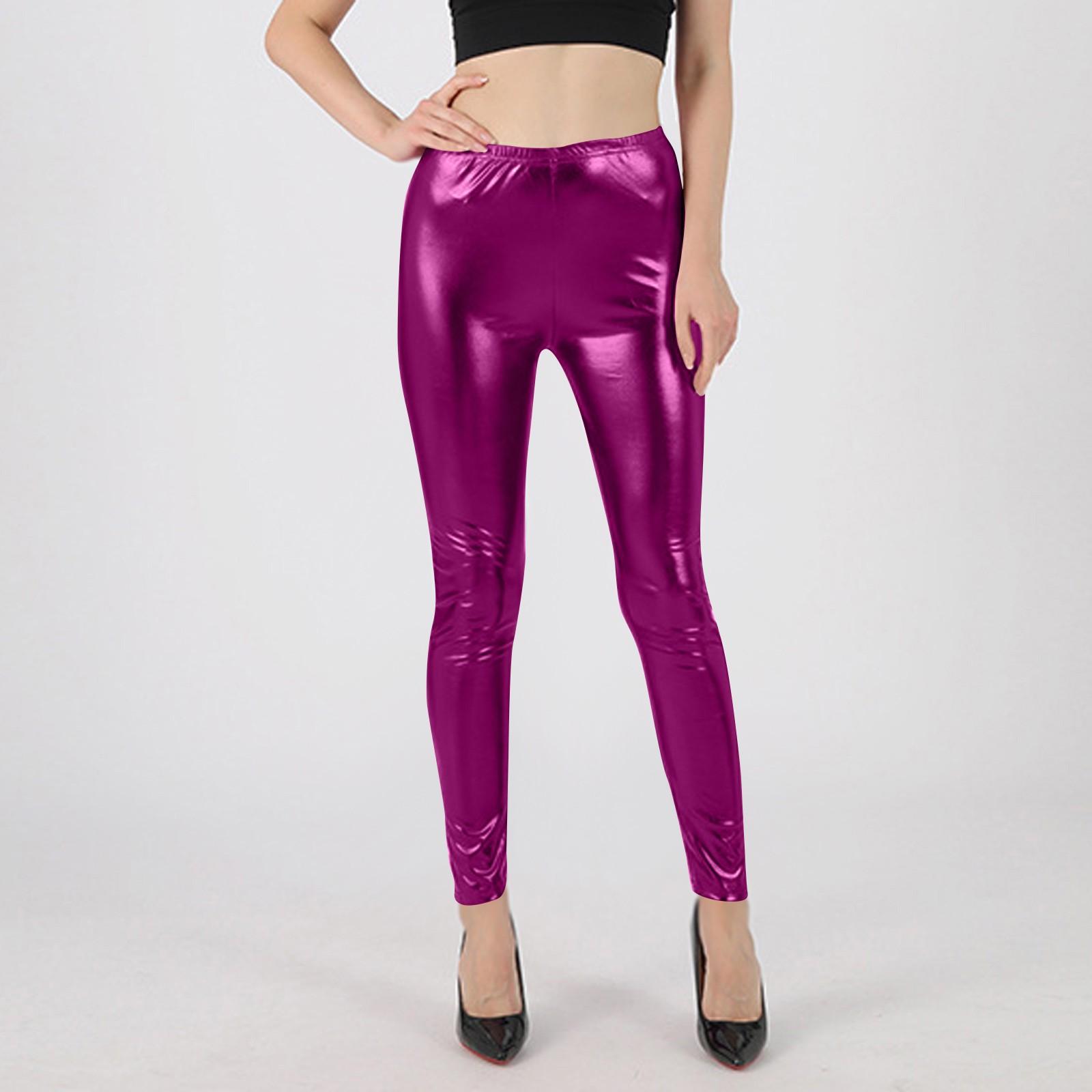 

Женские блестящие облегающие леггинсы с высокой талией, модные эластичные талии, узкие брюки длиной девять четвертей XXL фиолетовый