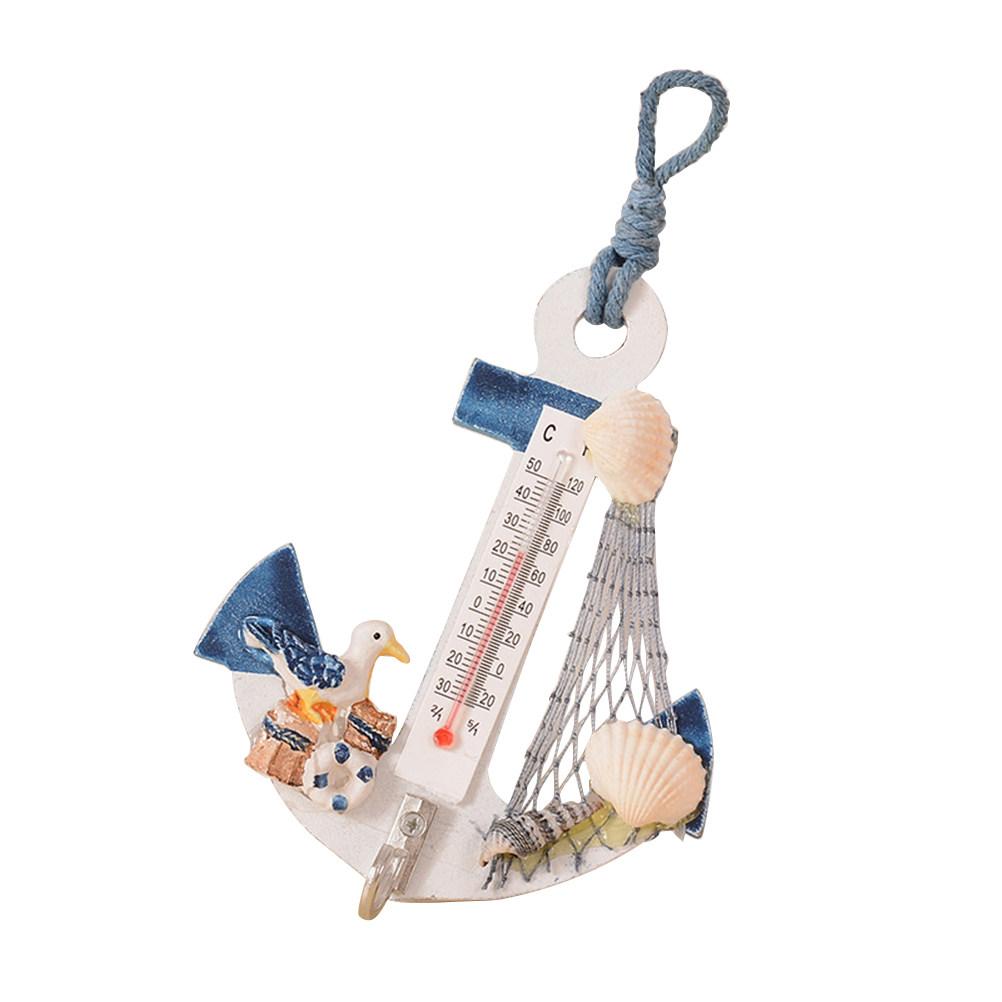 2Pcs Beach Style Hanging Ornaments Anchor Wall Hooks Mini Thermometer Shells Net Nautical Decor Bedroom Photography Background