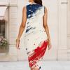Women Plus Size Round Neck Sleeveless Firework Print Navy Blue Bodycon Midi Dress