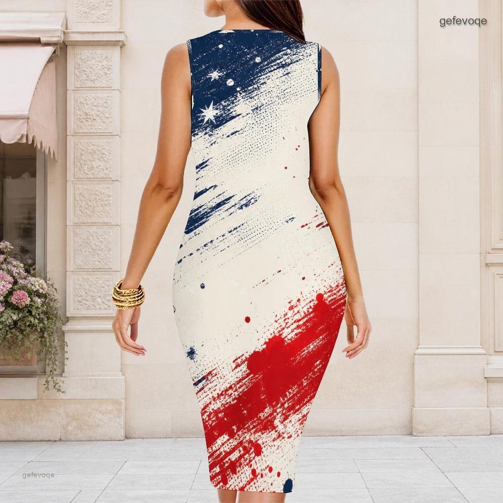 Women Plus Size Round Neck Sleeveless Firework Print Navy Blue Bodycon Midi Dress