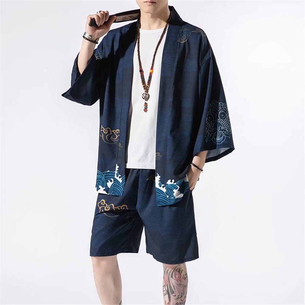 Trysimple Jinbei Short and This Summer Set Is Perfect for Fireworks and Features Include and Wave Patterns Men's Set, Haori, Samue, Cardigan, Sleeves,