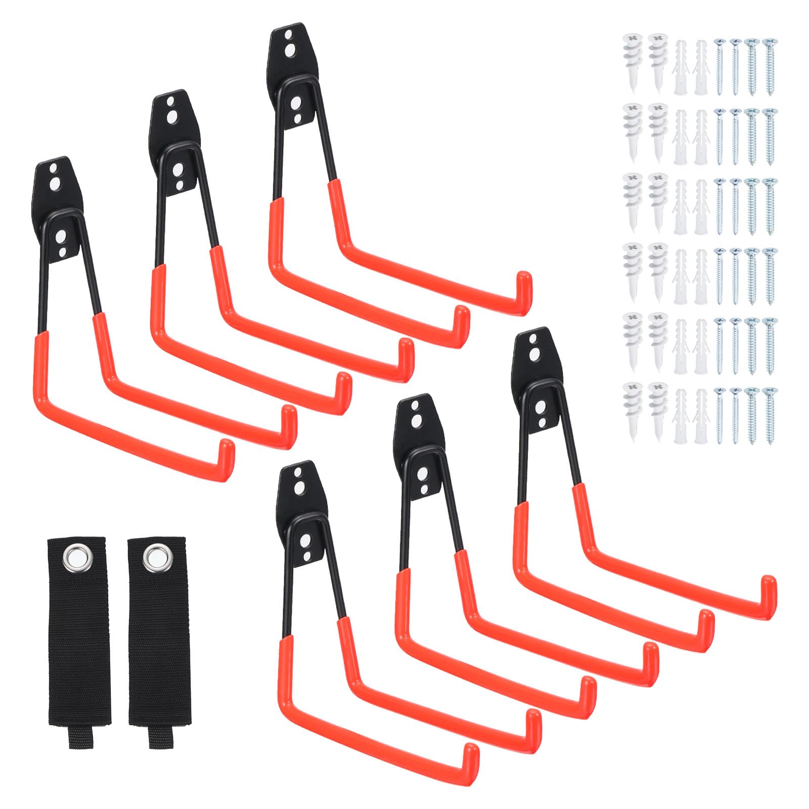 

METERXITY 6-Piece Wall-Mounted Garage Hooks with 2 Straps for Ladders, Red