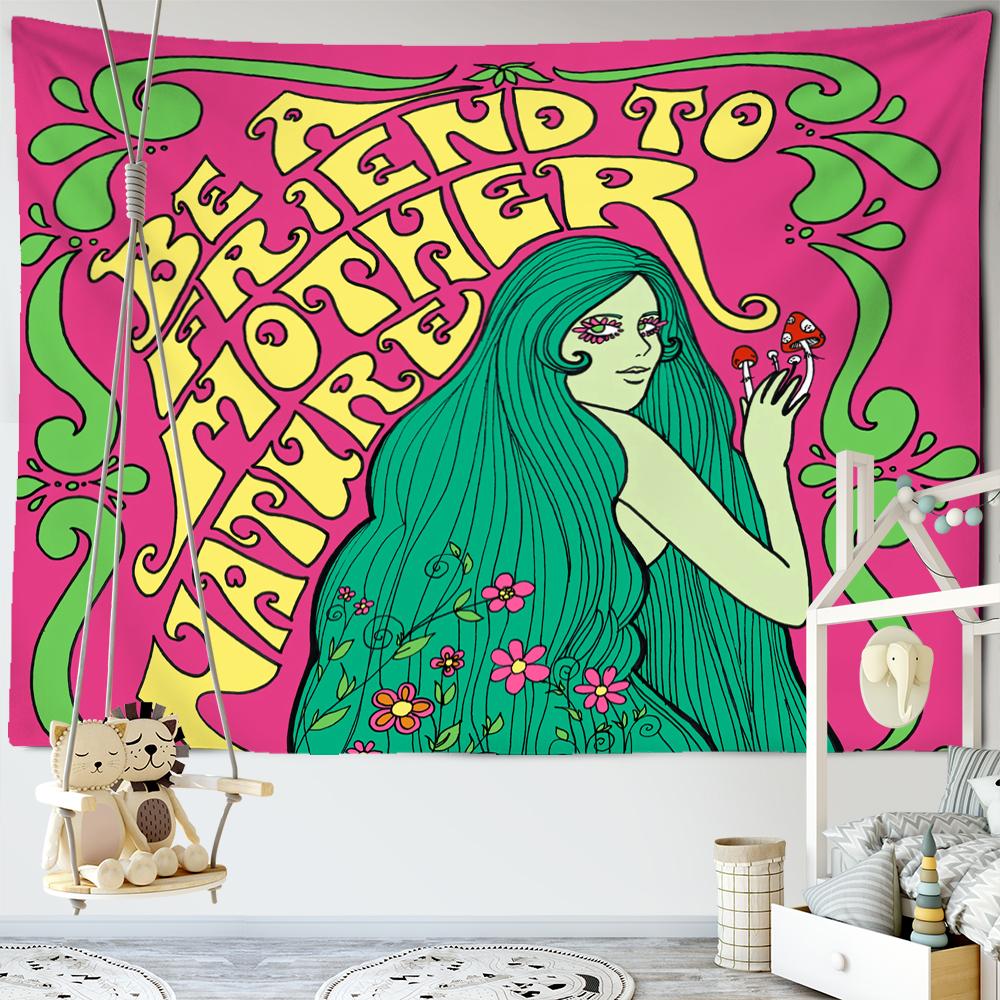 Retro Girl Tapestry Wall Hanging Colorful Boho Hippie Tapiz Aesthetic Room Home Decor Background Fabric
