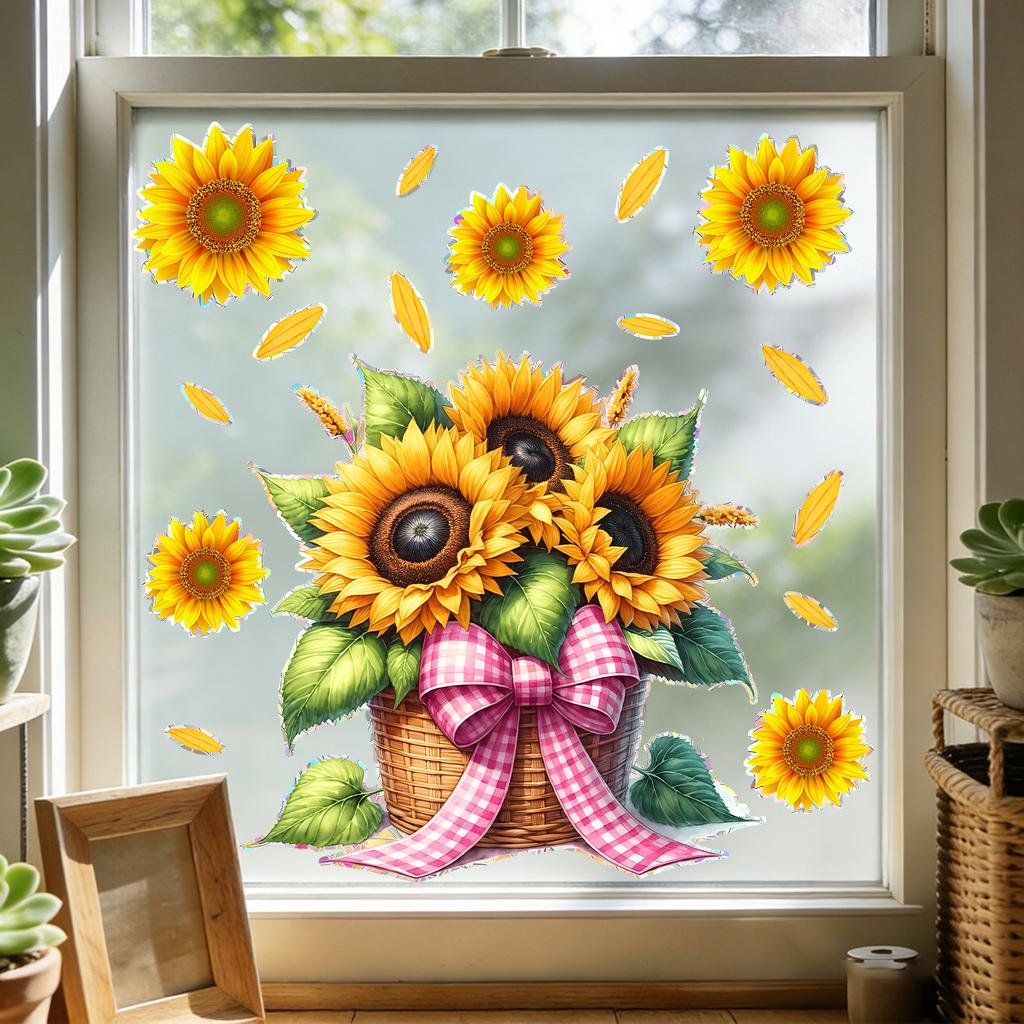 Static Cling Sunflower Basket Stickers for Balcony Bedroom Living Room Home Decor