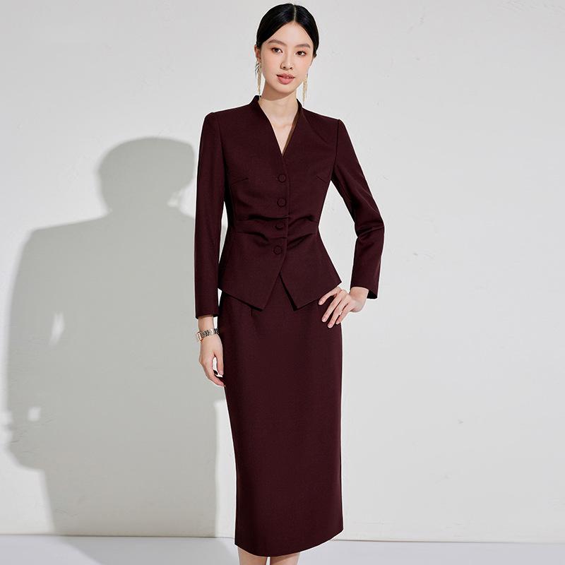 2025 High-End Women's Navy Blue V-Neck Suit Skirt Set - Formal, Slim-Fit, Professional Wear