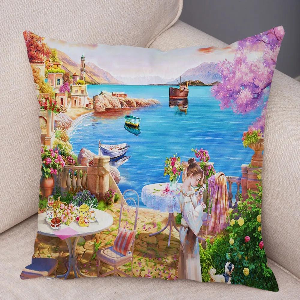 Vintage Colorful Style Coconut Tree Pillow Cover Country House Landscape  Sofa Car Office Cushion  Home Decor