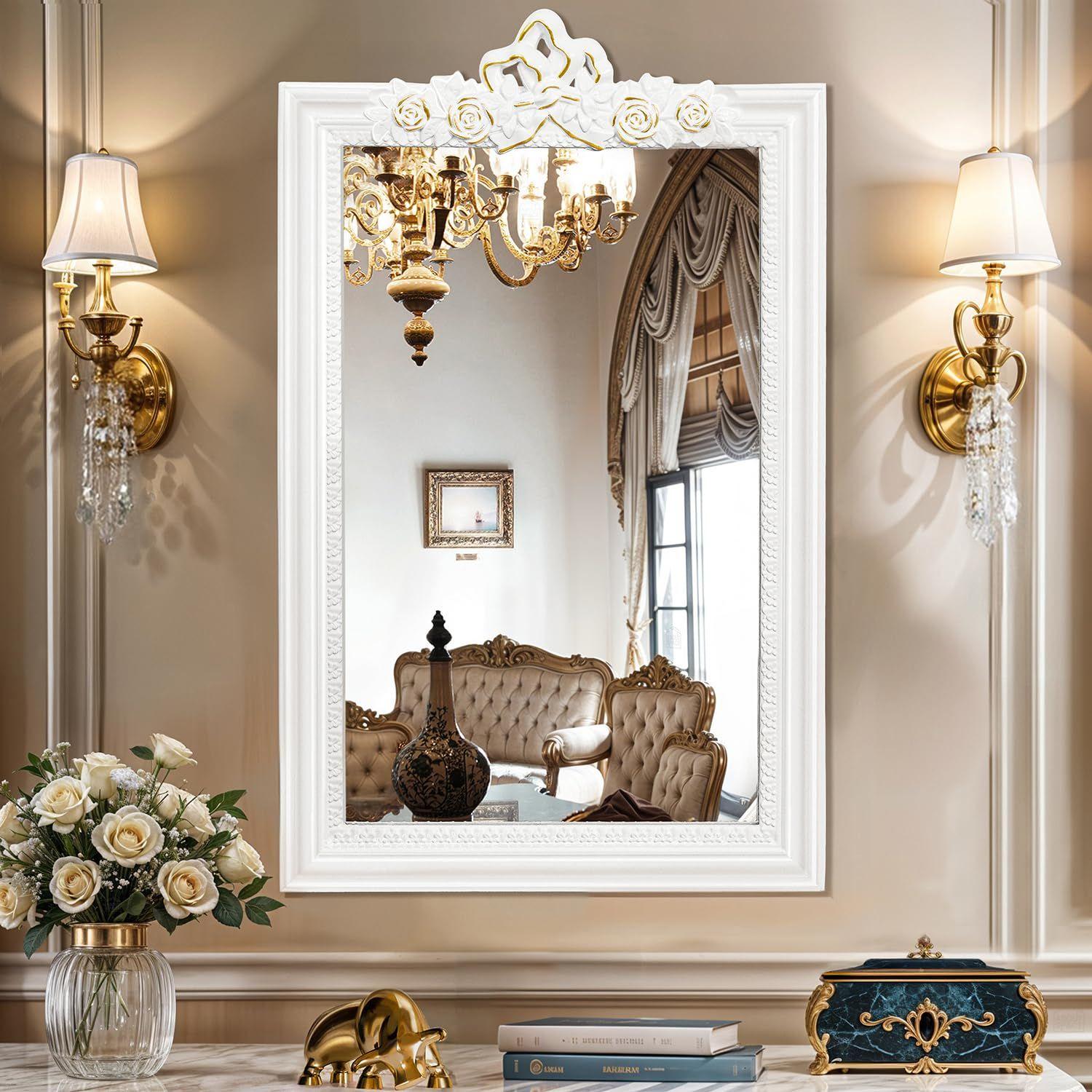 

Настенное зеркало для ванной комнаты с изысканным дизайном, прямоугольной формы, винтажный настенный декор для ванной комнаты, спальни, туалетного столика, фойе (Белый, Золотой - В 65 x Ш 40 см)