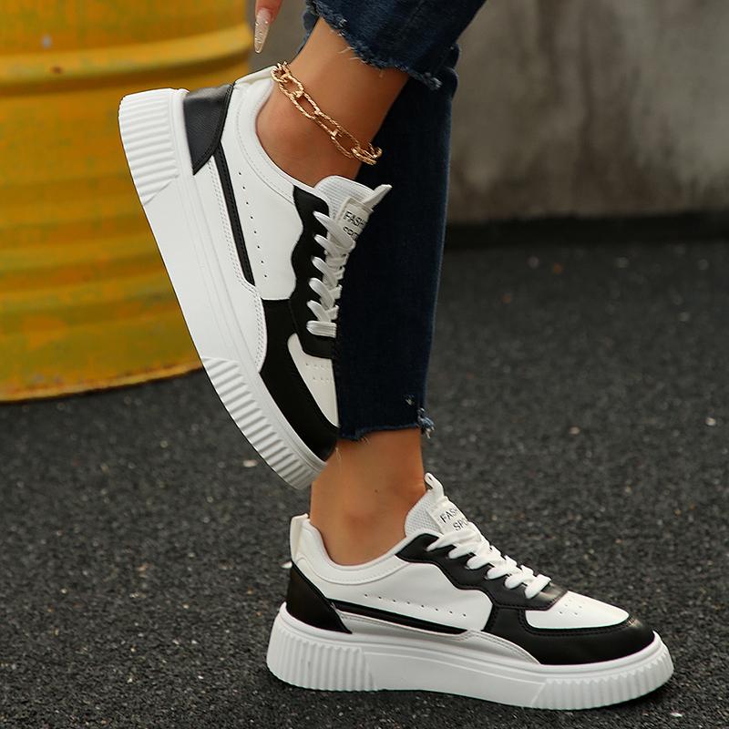 Fashion Black White Chunky Platform Sneakers Women Spring Autumn Lace Up Thick Bottom Vulcanizd Shoes Woman Pu Leather Sports Sneakers