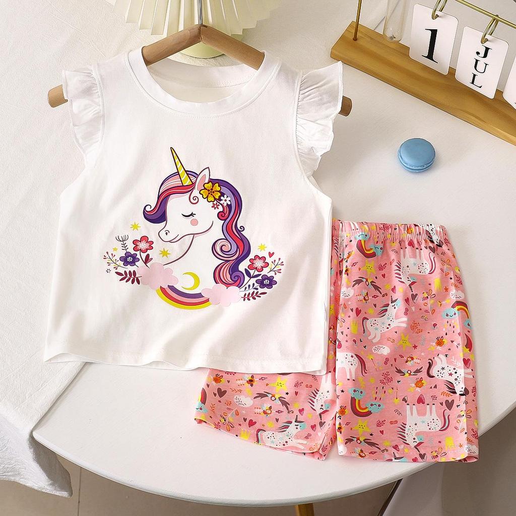 Girls' Summer Flutter Sleeve Top & Shorts Set - Korean Style Two-Piece Children's Outfit