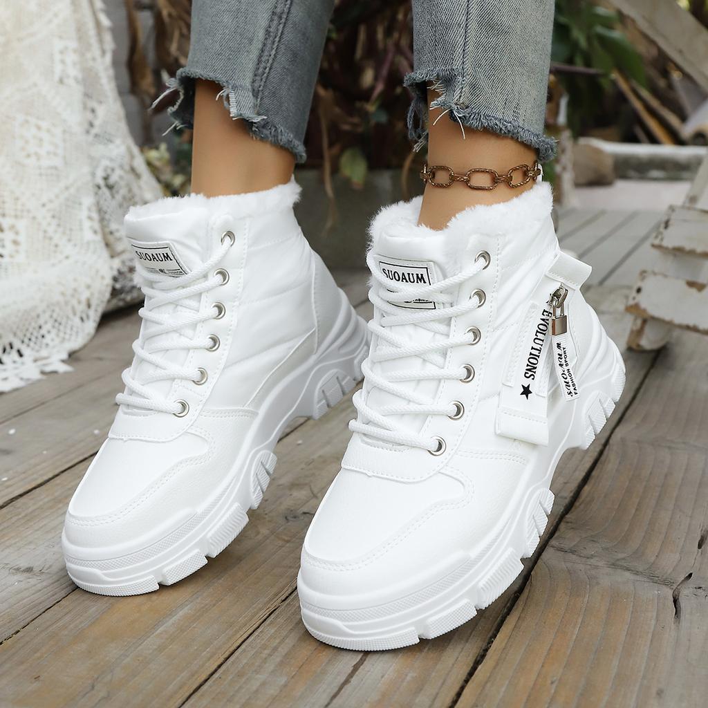 Damskie Zimowe Sneakersy z Futrem Białe Damskie Sneakersy na Platformie Ciepłe Damskie Sneakersy Gruba Podeszwa Skórzane Wysokie Top Codzienne Buty